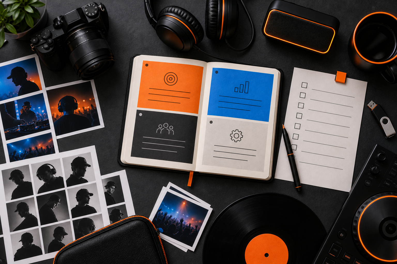 A DJ branding workspace with photos, headphones, camera, notes and music equipment.