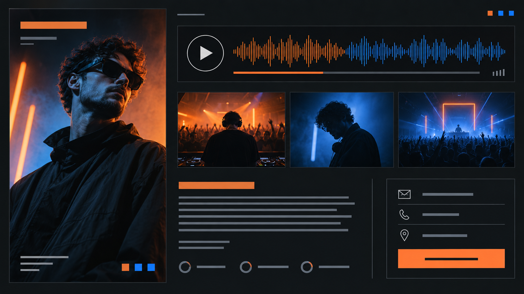 Illustrative electronic DJ press kit layout with portrait, mix player, gallery and contact section.